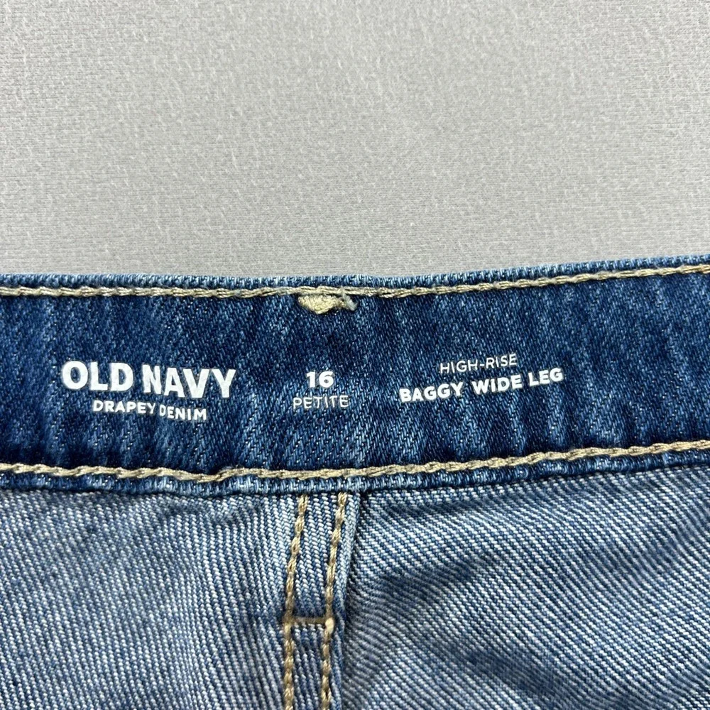 Old Navy Baggy Jeans Women 16 Petite Blue Drapey Denim Cotton Wide Leg High Rise
